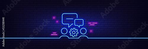 Neon light glow effect. Engineering team line icon. Engineer or architect group sign. Working process symbol. 3d line neon glow icon. Brick wall banner. Engineering team outline. Vector