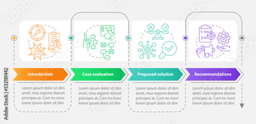 Drafting of case rectangle infographic template. Studying plan. Data visualization with 4 steps. Editable timeline info chart. Workflow layout with line icons. Myriad Pro-Bold, Regular fonts used