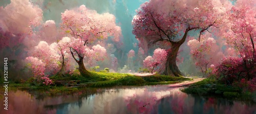 Magical forest of pink cherry blossom trees, tranquil surreal fantasy with stylized pastel background. Vibrant hues, colorful outdoor scenery - wondrous fairy fantasia kingdom.