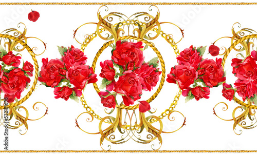 Seamless pattern with golden lace, red roses flower. watercolor Damask dold background photo