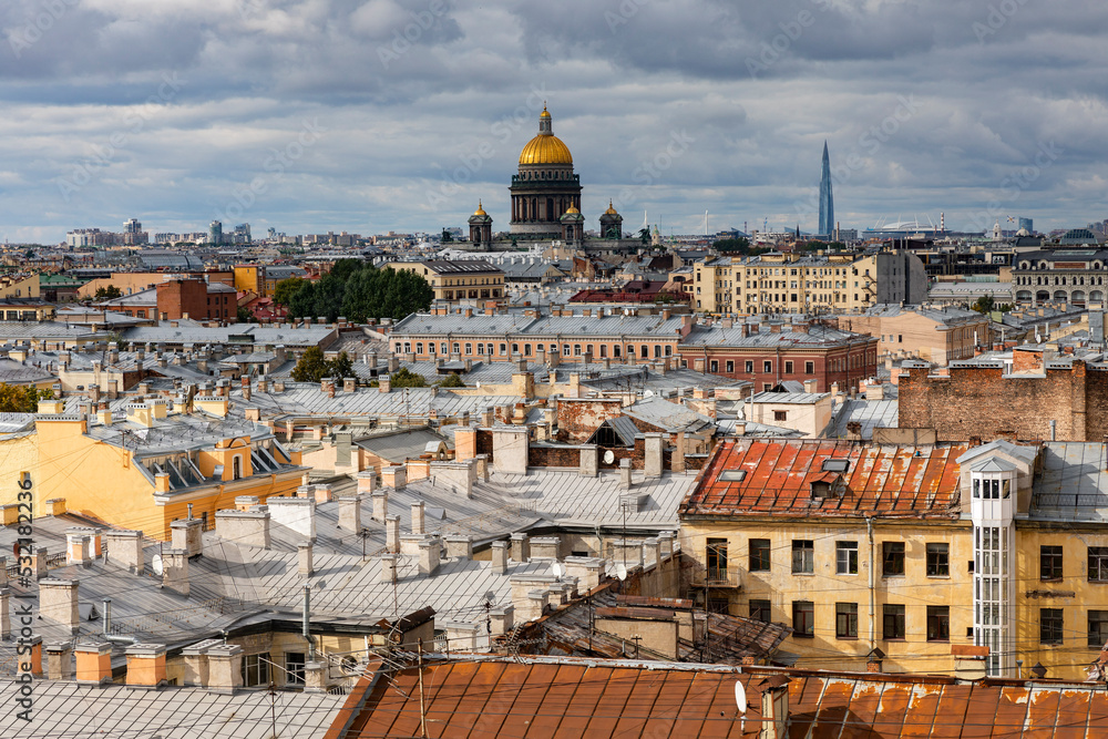 Russia. Saint-Petersburg. Roofs of St. Petersburg. View of the historical center of the city and St. Isaac's Cathedral from the top point.