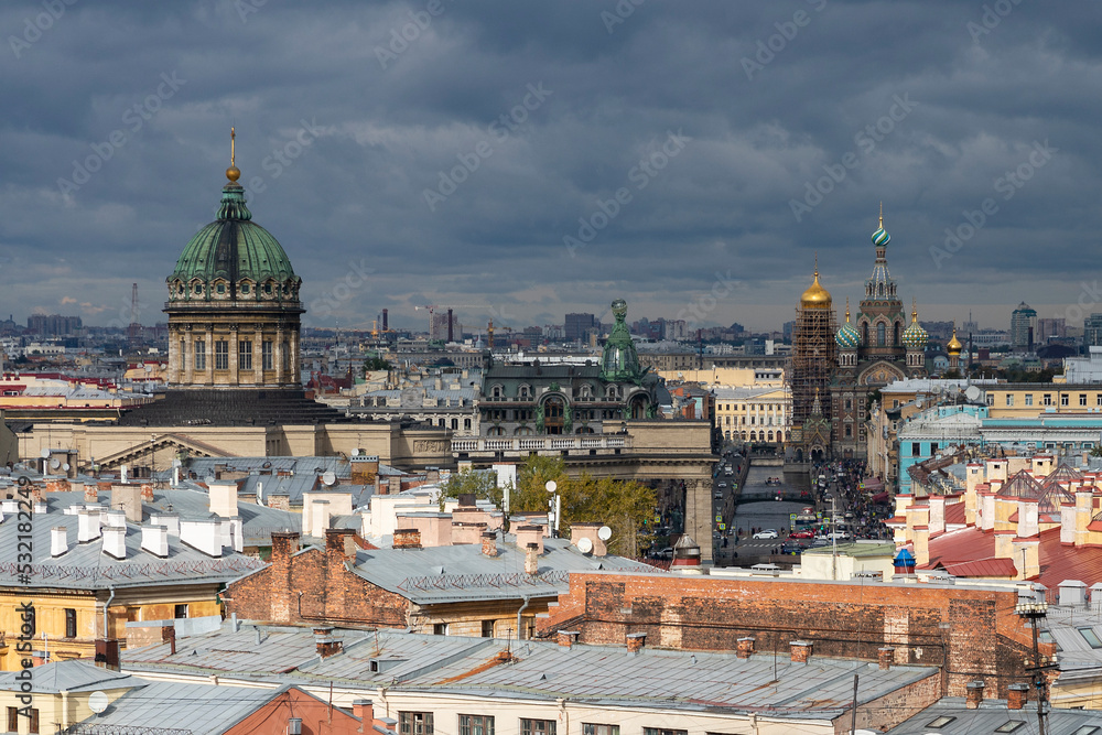 Russia. Saint-Petersburg. Roofs of St. Petersburg. View of the historical center of the city and the Kazan Cathedral from the top point.