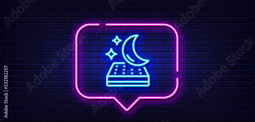 Neon light speech bubble. Mattress line icon. Night sleep bed rest sign. Moon symbol. Neon light background. Mattress glow line. Brick wall banner. Vector