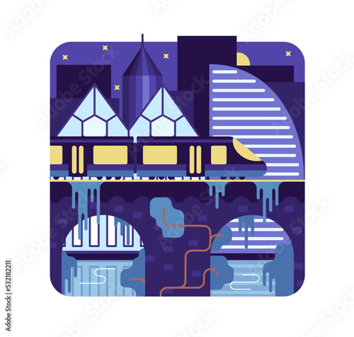 Metro train on bridge in megapolis night panorama. Vector illustration in flat stile