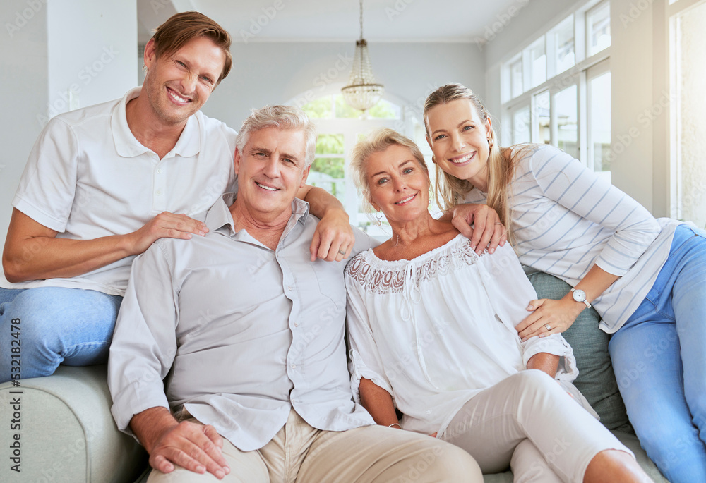 Family portrait in living room or parents house with women, men and happy senior retirement couple. Happiness, love and care for grandparents in summer holiday house with lens flare for mental health Family portrait in living room or parents house with women, men and happy senior retirement couple. Happiness, love and care for grandparents in summer holiday house with lens flare for mental health