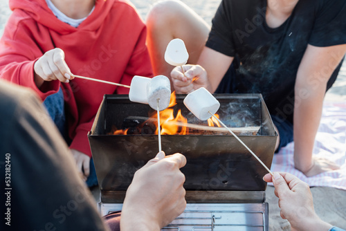 Group Of Young Friends Toasting Marshmallows Around Fire On the beach. Active Teenagers outdoor activity. Close up grilled sweets on the fire. Sunset time. Selective focus.