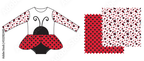 Technical drawing of baby clothes. Textile design of ladybugs.