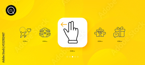 Touchscreen gesture, Honeymoon travel and Quick tips minimal line icons. Yellow abstract background. Secret gift, Women group icons. For web, application, printing. Vector