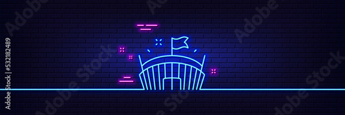 Neon light glow effect. Sports stadium line icon. Arena with flag sign. Sport complex symbol. 3d line neon glow icon. Brick wall banner. Arena outline. Vector