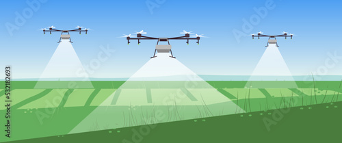 Illustration of smart farm with drone control. Innovation technology for agricultural company. Automation farming. Template for web, print, report.