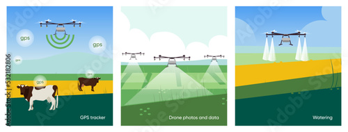 Set of vectors with agriculture,harvest, smart farming. Illustrations of irrigation drone spraying on field, agro industry and technology. Template for poster, annual report