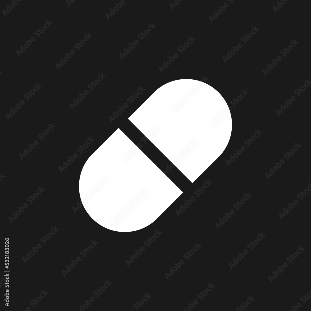 Capsule dark mode glyph ui icon. Oral medication. Pill prescript. User interface design. White silhouette symbol on black space. Solid pictogram for web, mobile. Vector isolated illustration Capsule dark mode glyph ui icon. Oral medication. Pill prescript. User interface design. White silhouette symbol on black space. Solid pictogram for web, mobile. Vector isolated illustration