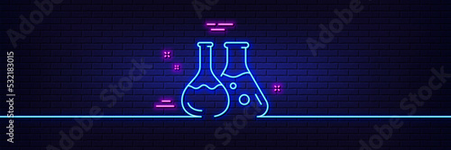 Neon light glow effect. Chemistry lab line icon. Laboratory flask sign. Analysis symbol. 3d line neon glow icon. Brick wall banner. Chemistry lab outline. Vector