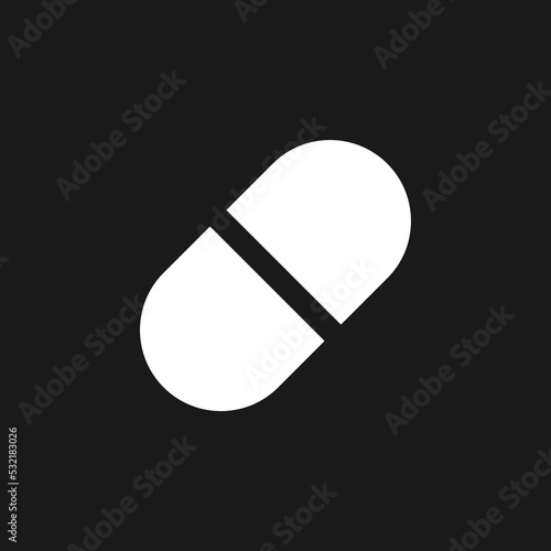 Capsule dark mode glyph ui icon. Oral medication. Pill prescript. User interface design. White silhouette symbol on black space. Solid pictogram for web, mobile. Vector isolated illustration