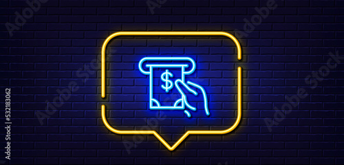 Neon light speech bubble. Cash money line icon. Banking currency sign. Dollar or USD symbol. ATM service. Neon light background. ATM service glow line. Brick wall banner. Vector