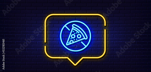 Neon light speech bubble. No food allowed line icon. Salami pizza sign. Forbidden food symbol. Neon light background. Prohibit food glow line. Brick wall banner. Vector