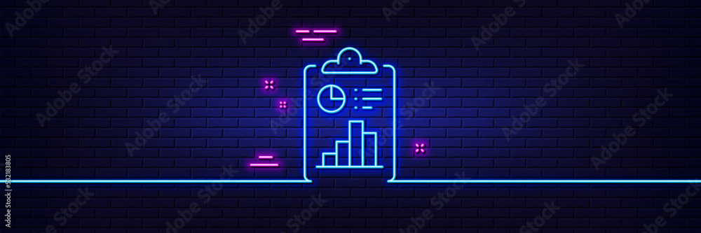 Neon light glow effect. Report line icon. Accounting clipboard document sign. Budget info symbol. 3d line neon glow icon. Brick wall banner. Report outline. Vector Neon light glow effect. Report line icon. Accounting clipboard document sign. Budget info symbol. 3d line neon glow icon. Brick wall banner. Report outline. Vector