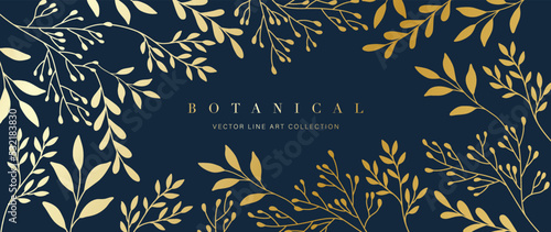 Luxury gold foliage on dark background vector. Botanical wallpaper with leaf branches, leaves, berry, flowers, tree branches. Elegant natural illustration design for cover, banner, prints, invitation.