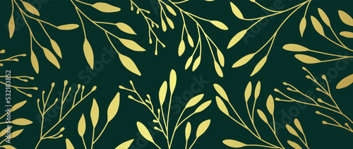Luxury gold foliage on green background vector. Botanical wallpaper with leaf branches, leaves, berry, flowers, tree branch. Elegant natural illustration design for cover, banner, prints, invitation.