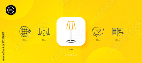 Approved, Eco energy and Laptop insurance minimal line icons. Yellow abstract background. Floor lamp, Love book icons. For web, application, printing. Chat message, Ecology, Full coverage. Vector