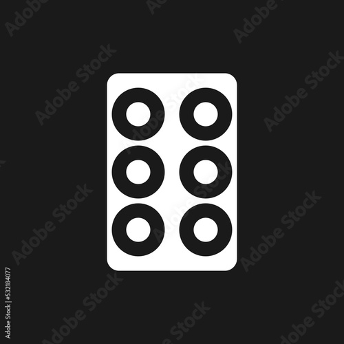 Pills in blister pack dark mode glyph ui icon. Oral medication. User interface design. White silhouette symbol on black space. Solid pictogram for web, mobile. Vector isolated illustration