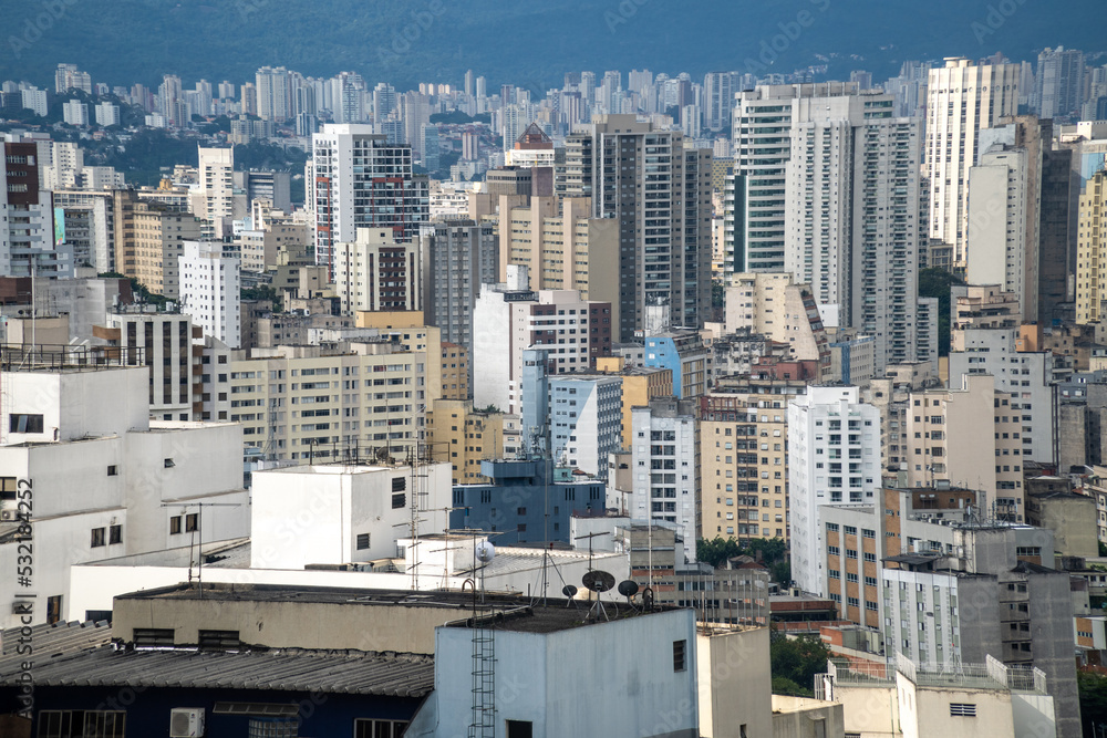 Fototapeta premium Beautiful Skyline of the city of São Paulo. Tall buildings, towers and pollution. Concept of cityscape, urban, travel, architecture, Brazil.