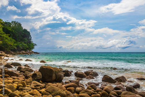 Naithon Beach bay panorama with turquoise clear water Phuket Thailand.