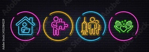 Medical vaccination, Puzzle and Work home minimal line icons. Neon laser 3d lights. Hold heart icons. For web, application, printing. Syringe vaccine, Human with puzzle, Freelance work. Vector