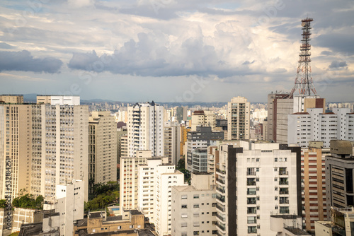 Beautiful Skyline of the city of São Paulo. Tall buildings, towers and pollution. Concept of cityscape, urban, travel, architecture, Brazil.