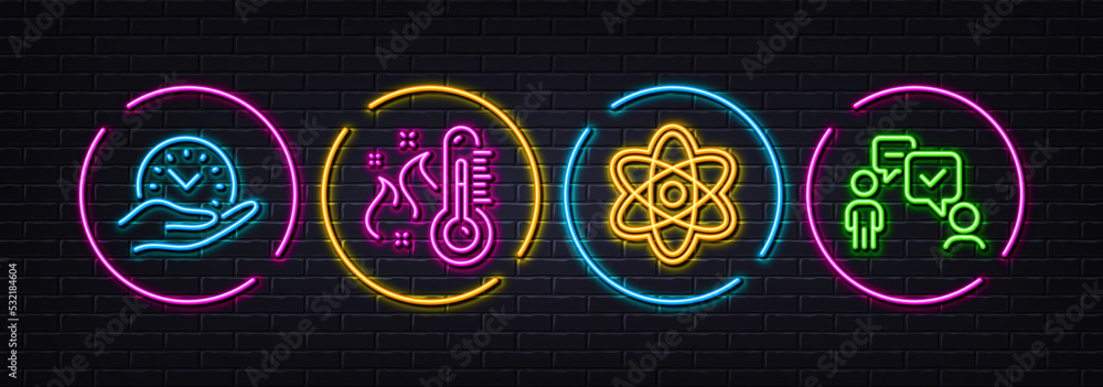 Chemistry atom, Safe time and High thermometer minimal line icons. Neon laser 3d lights. Consulting business icons. For web, application, printing. Vector