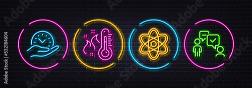 Chemistry atom, Safe time and High thermometer minimal line icons. Neon laser 3d lights. Consulting business icons. For web, application, printing. Vector