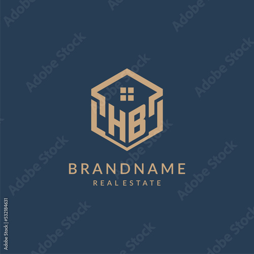 Initial letter HB hexagonal house roof shape icon logo design