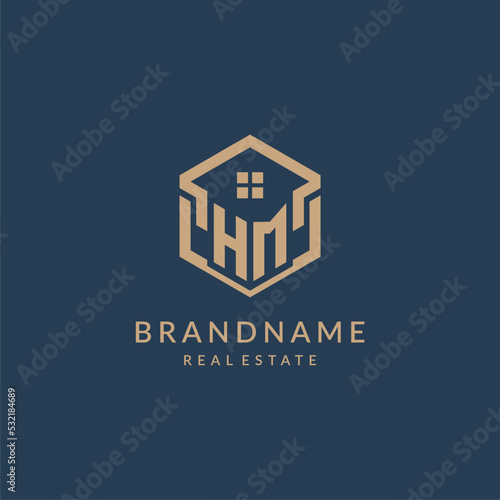 Initial letter HM hexagonal house roof shape icon logo design