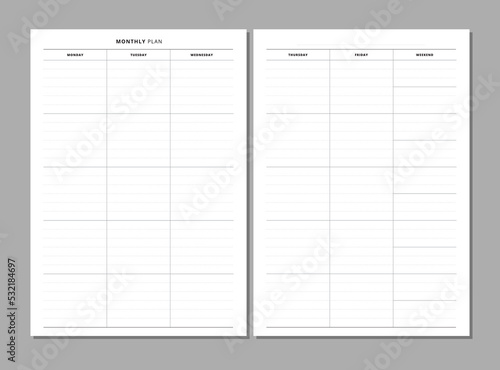 Undated monthly planner inserts. Minimalist lined planner page. Month on 2 pages. Personal organizer printable sheet layout for your A5 planner, calendar, diary. Vector.