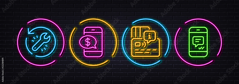 Phone payment, Card and Recovery tool minimal line icons. Neon laser 3d lights. Message icons. For web, application, printing. Mobile pay, Bank payment, Backup info. Phone messenger. Vector