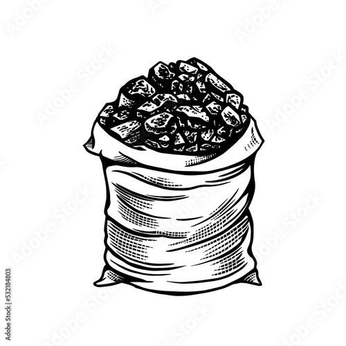 . Sketch of a coal bag. Hand draw vector illustration. Isolated object on a white background..