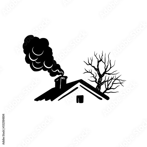 .Tree and roof of a rural house with a chimney and black smoke.Hand draw vector illustration. Heating houses with coal.