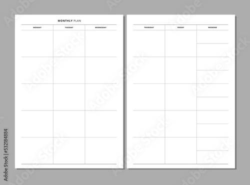 Undated monthly planner inserts. Minimalist blank planner page. Month on 2 pages. Personal organizer printable sheet layout for your A5 planner, calendar, diary. Vector.Print