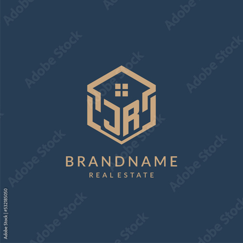 Initial letter JR hexagonal house roof shape icon logo design