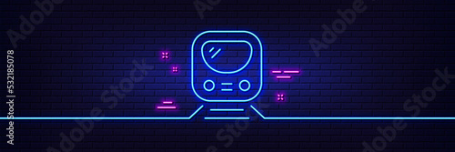 Neon light glow effect. Metro line icon. Subway underground transport sign. Train railway symbol. 3d line neon glow icon. Brick wall banner. Metro outline. Vector