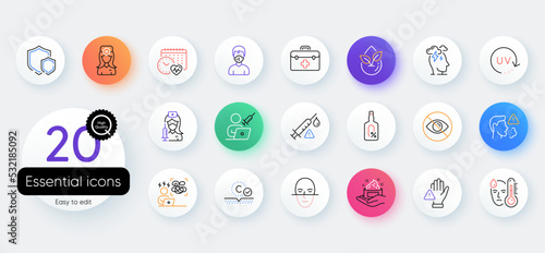 Simple set of Alcohol free, Cough and Cardio calendar line icons. Include Vaccination appointment, Not looking, Uv protection icons. Vaccine attention, Medical mask, Dont touch web elements. Vector