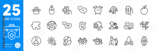 Outline icons set. Cardio training, People talking and Puzzle icons. Avatar, Medical insurance, Online quiz web elements. Support, Dumbbell, Water splash signs. Hold box, Teamwork. Vector