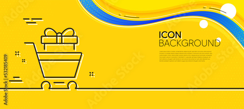 Shopping cart with gift line icon. Abstract yellow background. Customer trolley sign. Supermarket sale symbol. Minimal shopping trolley line icon. Wave banner concept. Vector