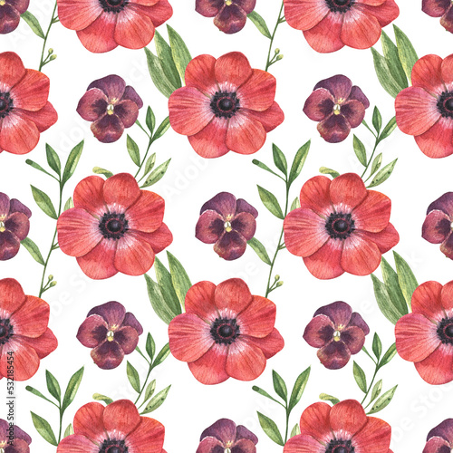 Beautiful seamless floral pattern with hand drawn watercolor tender red anemone flowers and violets. Warehouse illustration.