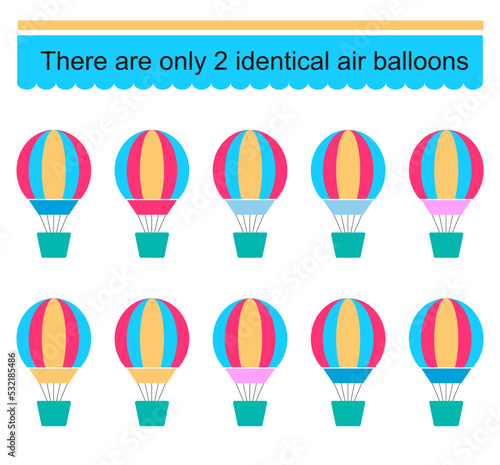 Puzzle game for children. Task for development of attention and logic. Need to find two identical air balloons. Vector.