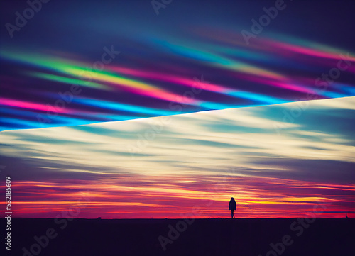 Silhouette of a woman walking on the horizon, with stylized sunset rainbow © XaMaps