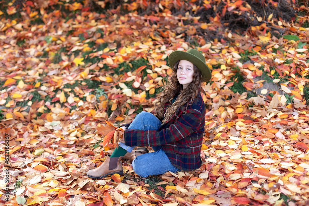 Young girl in hat and autumn clothes sit on golden fall leaves. Happy girl in green hat and plaid jacket on an autumn background. A smiling girl walking in fall park. Young girl in hat and autumn clothes sit on golden fall leaves. Happy girl in green hat and plaid jacket on an autumn background. A smiling girl walking in fall park.