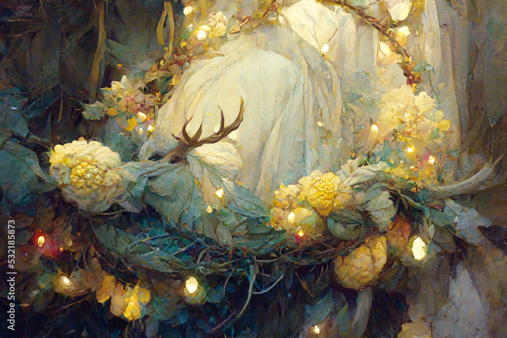 Fototapeta premium Abstract Winter forest landscape with reindeer,pine trees, hills, fox, sky, clouds. Christmas holiday background with woodland view, 3d render.