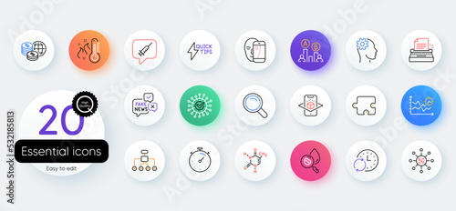 Simple set of Face biometrics, Augmented reality and Ab testing line icons. Include Seo analysis, Chemical formula, Update time icons. Timer, Engineering, World money web elements. Vector
