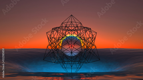 abstract wireframe shape over a hole in the sea
